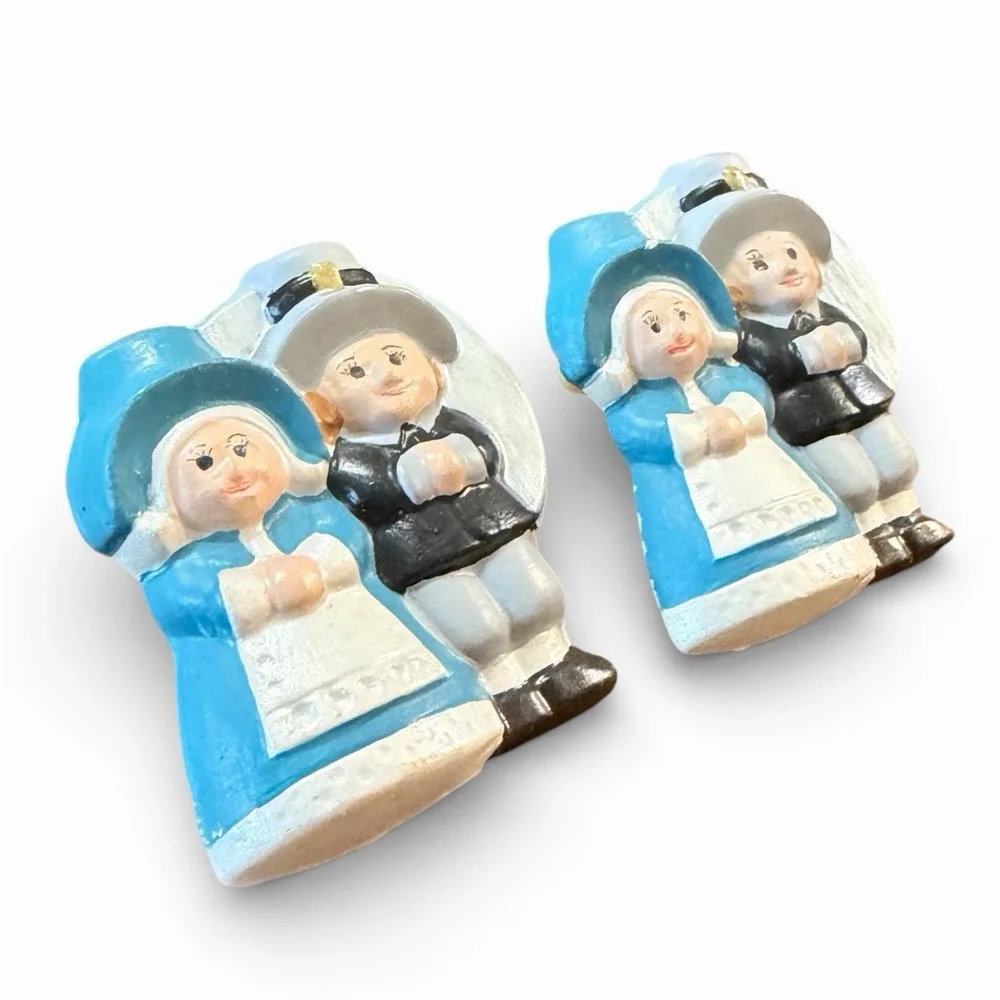 Vintage Ceramic Napkin Rings with Pilgrim‎ Figures - Lot of (2) Thanksgiving